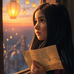 Close-up portrait of a 10-year-old girl named Anishma, featuring long, black hair illuminated by sunlight as she gazes longingly out of a tower window