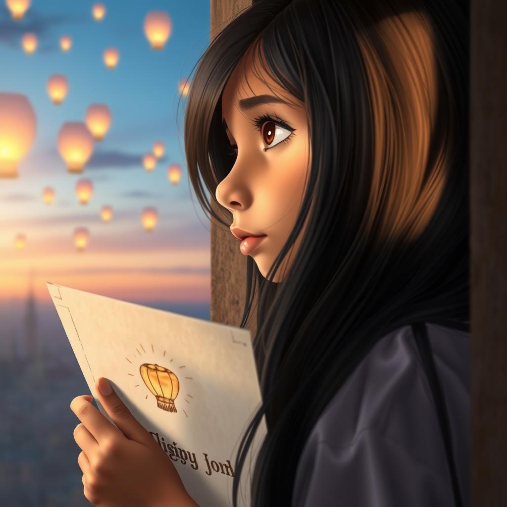 Close-up portrait of a 10-year-old girl named Anishma, featuring long, black hair illuminated by sunlight as she gazes longingly out of a tower window