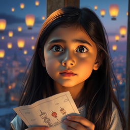Close-up portrait of a 10-year-old girl named Anishma, featuring long, black hair illuminated by sunlight as she gazes longingly out of a tower window