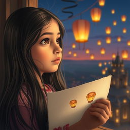 Close-up portrait of a 10-year-old girl named Anishma, featuring long, black hair illuminated by sunlight as she gazes longingly out of a tower window