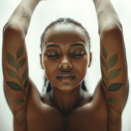 A close-up portrait of a person with a serene expression, arms stretched out against a soft-focus background