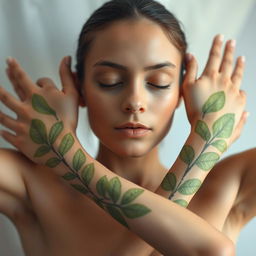 A close-up portrait of a person with a serene expression, arms stretched out against a soft-focus background