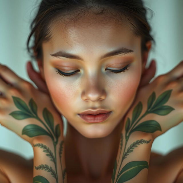 A close-up portrait of a person with a serene expression, arms stretched out against a soft-focus background