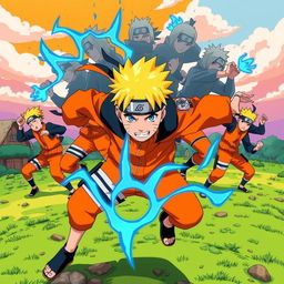 A dynamic, action-packed scene featuring Naruto Uzumaki, the energetic ninja from the popular anime