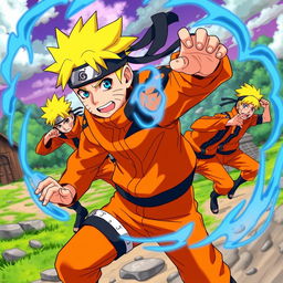 A dynamic, action-packed scene featuring Naruto Uzumaki, the energetic ninja from the popular anime