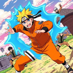 A dynamic, action-packed scene featuring Naruto Uzumaki, the energetic ninja from the popular anime