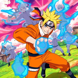 A dynamic, action-packed scene featuring Naruto Uzumaki, the energetic ninja from the popular anime