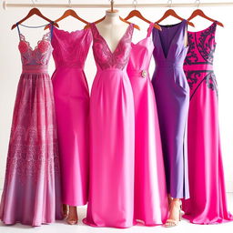 A collection of elegantly designed dresses, all in the same vibrant color, showcasing various styles