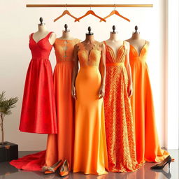 A collection of elegantly designed dresses, all in the same vibrant color, showcasing various styles