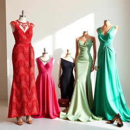 A collection of elegantly designed dresses, all in the same vibrant color, showcasing various styles