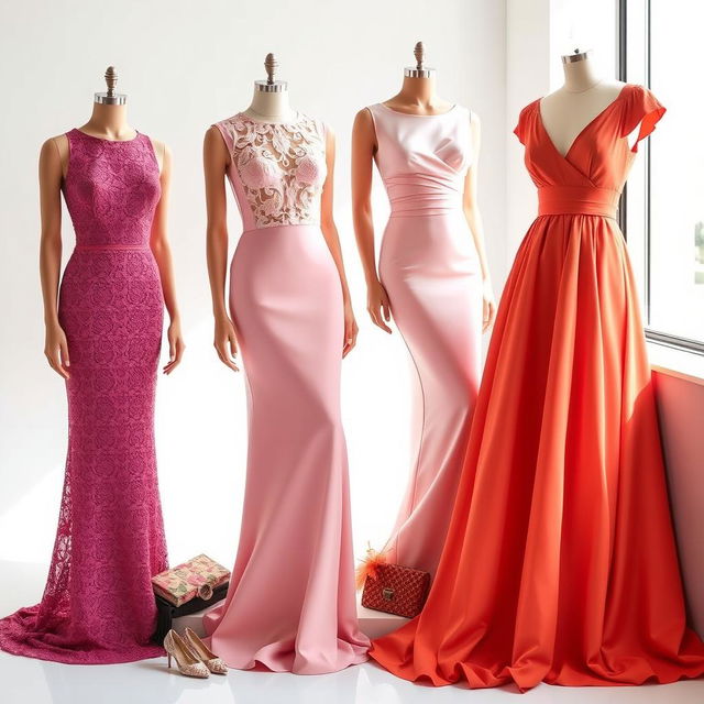 A collection of elegantly designed dresses, all in the same vibrant color, showcasing various styles