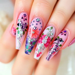 A close-up image of beautifully designed Glegna nails, showcasing intricate nail art with a combination of bright, bold colors and elegant patterns