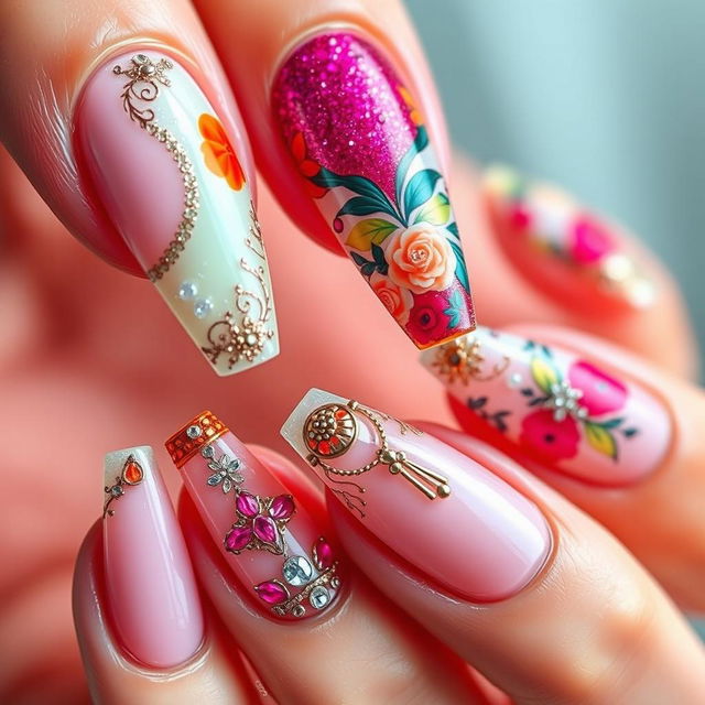 A close-up image of beautifully designed Glegna nails, showcasing intricate nail art with a combination of bright, bold colors and elegant patterns