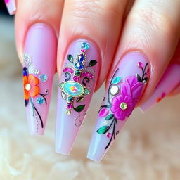 A close-up image of beautifully designed Glegna nails, showcasing intricate nail art with a combination of bright, bold colors and elegant patterns
