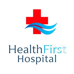 A modern and professional hospital logo, featuring a stylized red cross symbol combined with a blue wave design, representing health and care