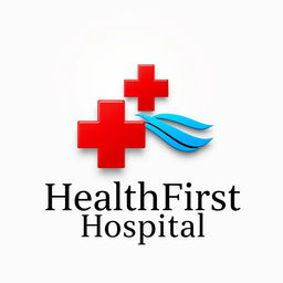 A modern and professional hospital logo, featuring a stylized red cross symbol combined with a blue wave design, representing health and care