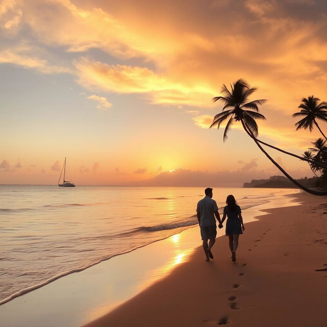 A beautiful sunset over a tranquil beach, soft golden and pink hues lighting up the sky, gentle waves lapping at the shore, palm trees swaying in the breeze, a silhouette of a small sailboat in the distance, and a couple walking hand in hand along the water's edge, leaving footprints in the wet sand