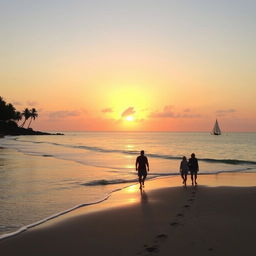 A beautiful sunset over a tranquil beach, soft golden and pink hues lighting up the sky, gentle waves lapping at the shore, palm trees swaying in the breeze, a silhouette of a small sailboat in the distance, and a couple walking hand in hand along the water's edge, leaving footprints in the wet sand