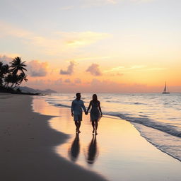 A beautiful sunset over a tranquil beach, soft golden and pink hues lighting up the sky, gentle waves lapping at the shore, palm trees swaying in the breeze, a silhouette of a small sailboat in the distance, and a couple walking hand in hand along the water's edge, leaving footprints in the wet sand