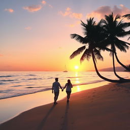 A beautiful sunset over a tranquil beach, soft golden and pink hues lighting up the sky, gentle waves lapping at the shore, palm trees swaying in the breeze, a silhouette of a small sailboat in the distance, and a couple walking hand in hand along the water's edge, leaving footprints in the wet sand