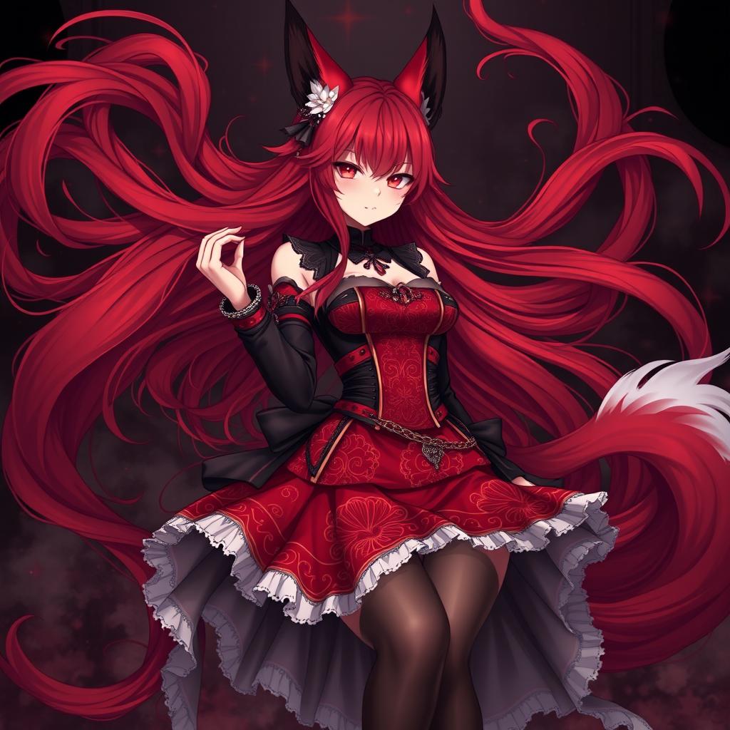 A stunning gothic anime girl characterized as a Kitsune, featuring long, flowing red hair that cascades around her