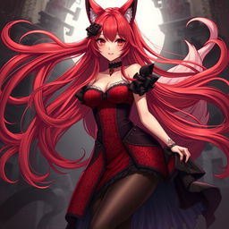 A stunning gothic anime girl characterized as a Kitsune, featuring long, flowing red hair that cascades around her