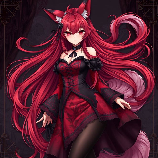 A stunning gothic anime girl characterized as a Kitsune, featuring long, flowing red hair that cascades around her