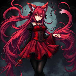 A stunning gothic anime girl characterized as a Kitsune, featuring long, flowing red hair that cascades around her