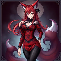 A sexy gothic anime girl depicted as a Kitsune, featuring long, flowing red hair that adds a touch of elegance