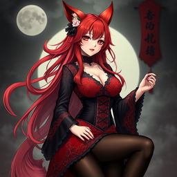 A sexy gothic anime girl depicted as a Kitsune, featuring long, flowing red hair that adds a touch of elegance