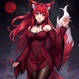 A sexy gothic anime girl depicted as a Kitsune, featuring long, flowing red hair that adds a touch of elegance