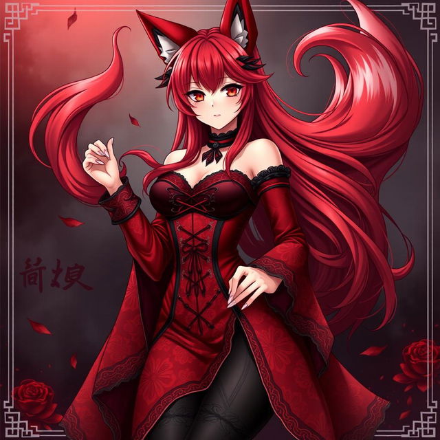 A sexy gothic anime girl depicted as a Kitsune, featuring long, flowing red hair that adds a touch of elegance