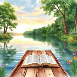 A tranquil lakeside scene depicted in a watercolor painting style, perfect for a book cover