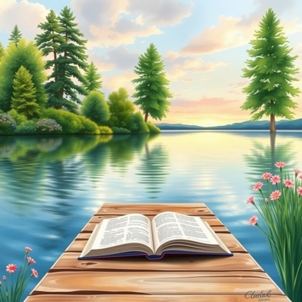 A tranquil lakeside scene depicted in a watercolor painting style, perfect for a book cover