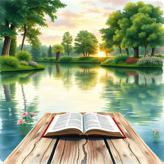 A tranquil lakeside scene depicted in a watercolor painting style, perfect for a book cover