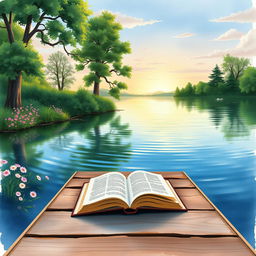 A tranquil lakeside scene depicted in a watercolor painting style, perfect for a book cover