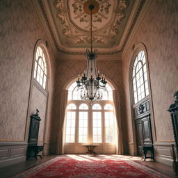 A beautiful classical indoor scene featuring a stunning ornate wallpaper with elegant patterns, tall arched windows allowing soft natural light to filter in, and a gracefully designed chandelier hanging from the ceiling