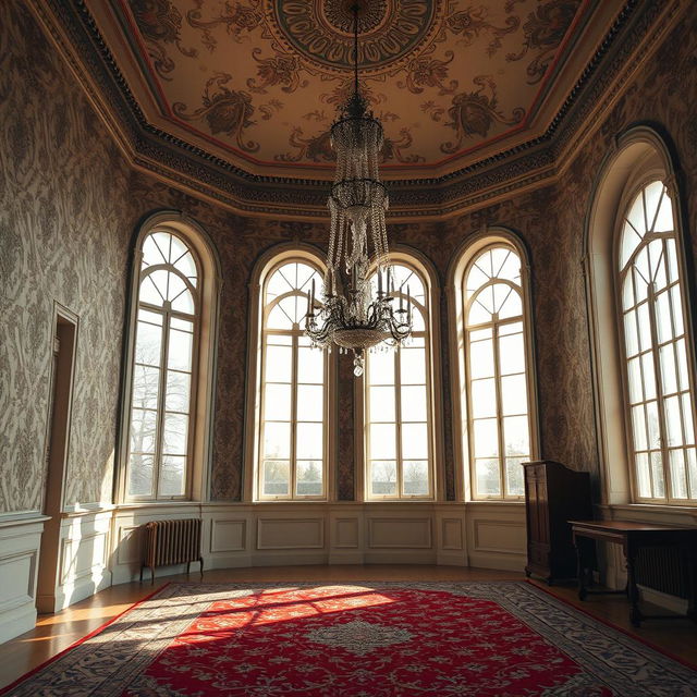 A beautiful classical indoor scene featuring a stunning ornate wallpaper with elegant patterns, tall arched windows allowing soft natural light to filter in, and a gracefully designed chandelier hanging from the ceiling