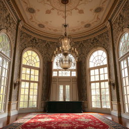 A beautiful classical indoor scene featuring a stunning ornate wallpaper with elegant patterns, tall arched windows allowing soft natural light to filter in, and a gracefully designed chandelier hanging from the ceiling