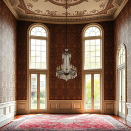 A beautiful classical indoor scene featuring a stunning ornate wallpaper with elegant patterns, tall arched windows allowing soft natural light to filter in, and a gracefully designed chandelier hanging from the ceiling