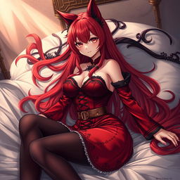 A captivating gothic anime girl depicted as a Kitsune, with long, flowing red hair and a striking red and black eastern Asia-style dress featuring long sleeves and a tight corset that accentuates her voluptuous figure