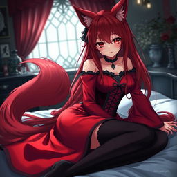 A captivating gothic anime girl depicted as a Kitsune, with long, flowing red hair and a striking red and black eastern Asia-style dress featuring long sleeves and a tight corset that accentuates her voluptuous figure