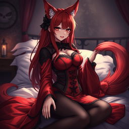 A captivating gothic anime girl depicted as a Kitsune, with long, flowing red hair and a striking red and black eastern Asia-style dress featuring long sleeves and a tight corset that accentuates her voluptuous figure