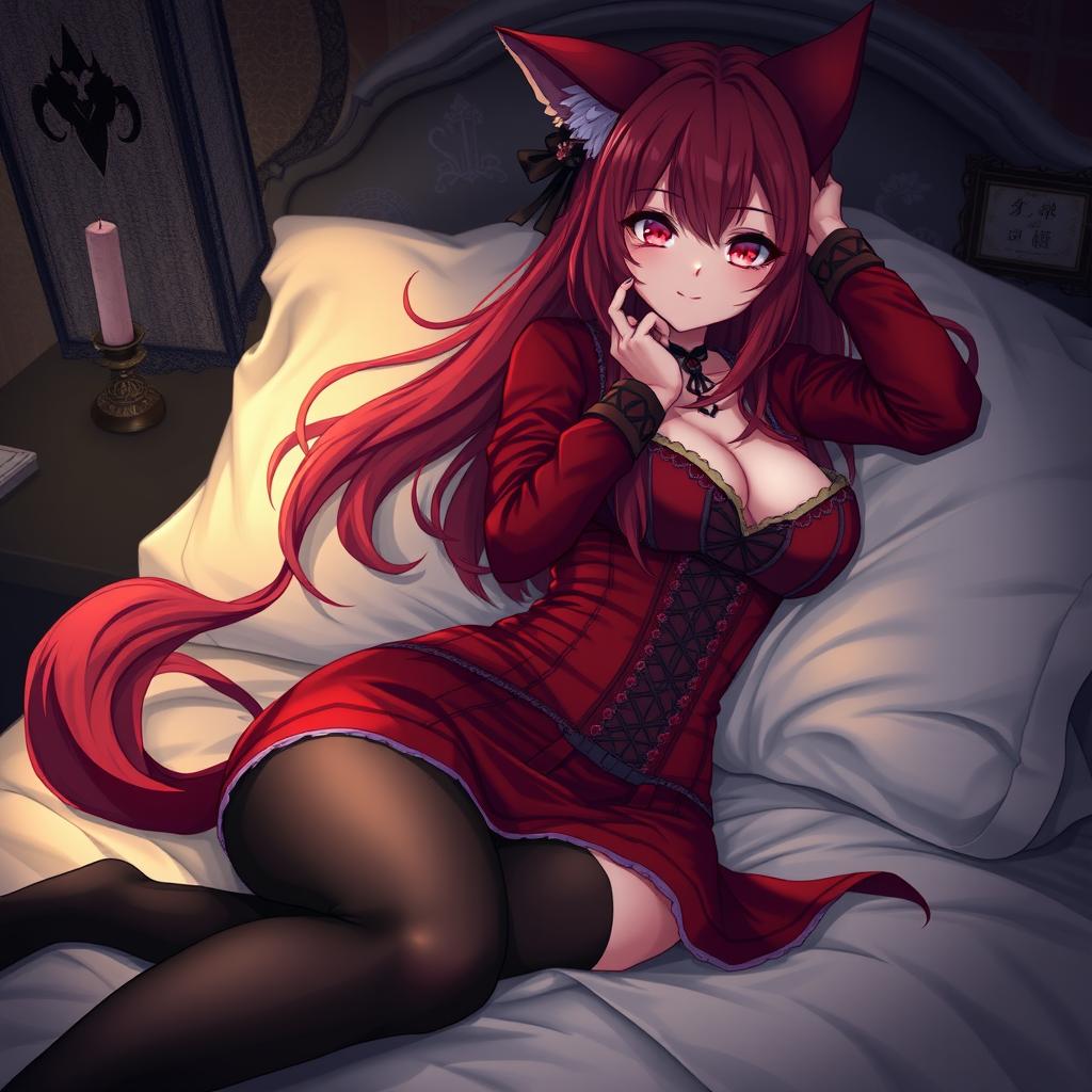 A captivating gothic anime girl depicted as a Kitsune, with long, flowing red hair and a striking red and black eastern Asia-style dress featuring long sleeves and a tight corset that accentuates her voluptuous figure