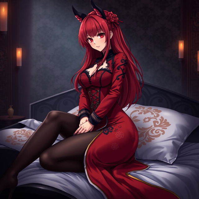 A seductive gothic anime girl, Kitsune, with striking long red hair, wearing a beautifully crafted eastern Asia style dress in red and black