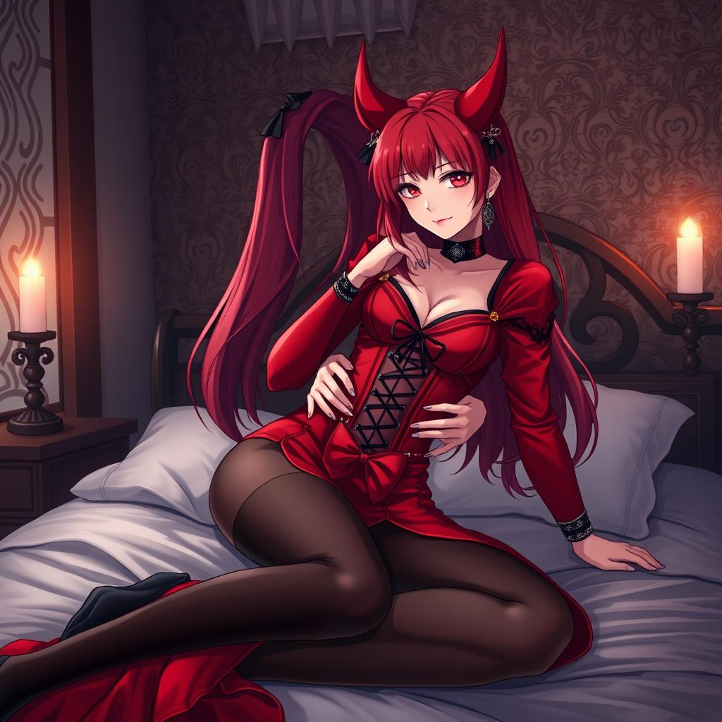 A seductive gothic anime girl, Kitsune, with striking long red hair, wearing a beautifully crafted eastern Asia style dress in red and black