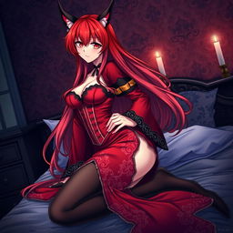 A seductive gothic anime girl, Kitsune, with striking long red hair, wearing a beautifully crafted eastern Asia style dress in red and black