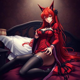 A seductive gothic anime girl, Kitsune, with striking long red hair, wearing a beautifully crafted eastern Asia style dress in red and black