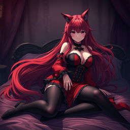 A captivating sexy gothic anime girl, Kitsune, featuring long, flowing red hair