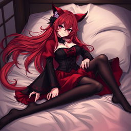 A captivating sexy gothic anime girl, Kitsune, featuring long, flowing red hair